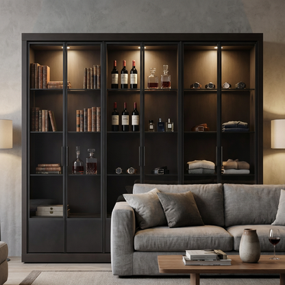 Matte Black Glass-Door Display Cabinet