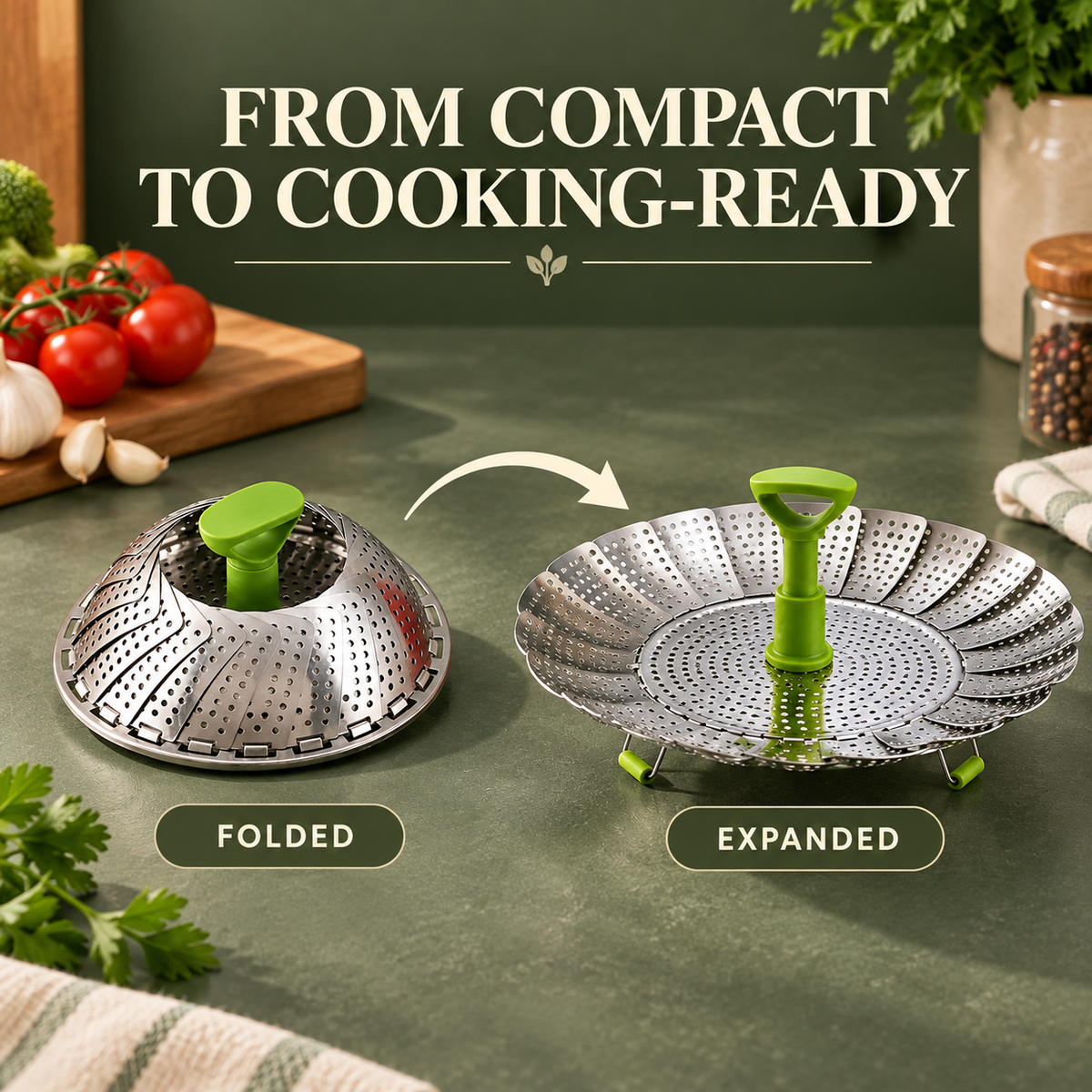 SteamEase Expandable Stainless Steel Steamer Basket for Multiple Pot Sizes