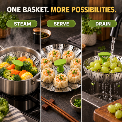 SteamEase Expandable Stainless Steel Steamer Basket for Multiple Pot Sizes