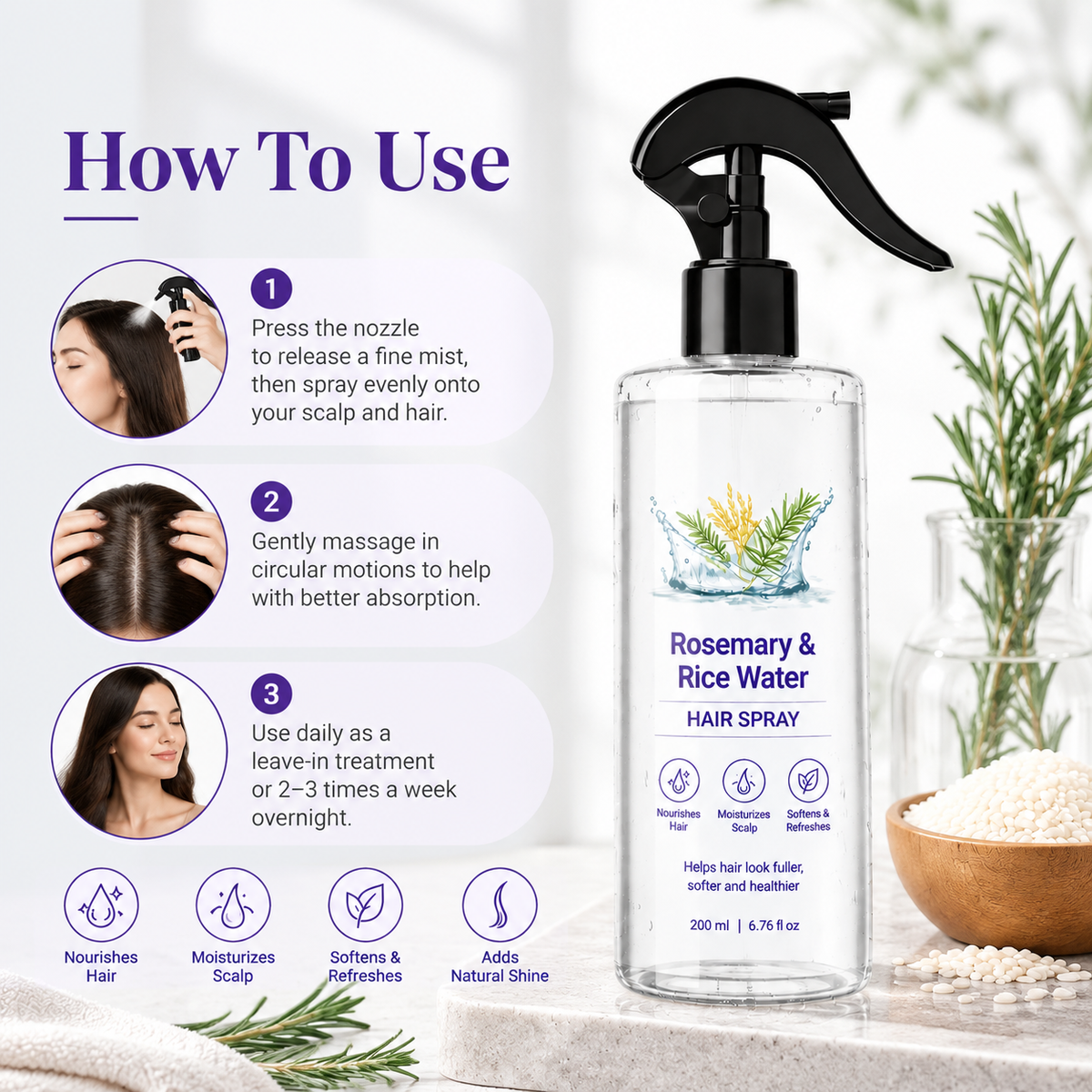 Nature x Science Rosemary Water and Rice Water |100% Natural Extract | Soft & Smooth Hair Non-Greasy & Fast Absorbing | 200 ml