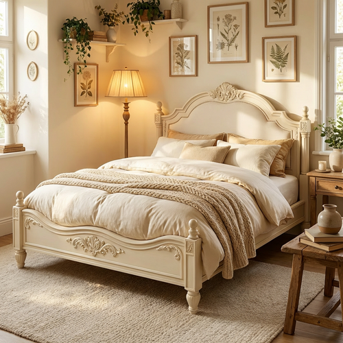 Antique Ivory French-Inspired Bed Frame
