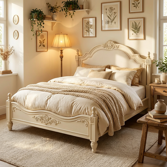 Antique Ivory French-Inspired Bed Frame