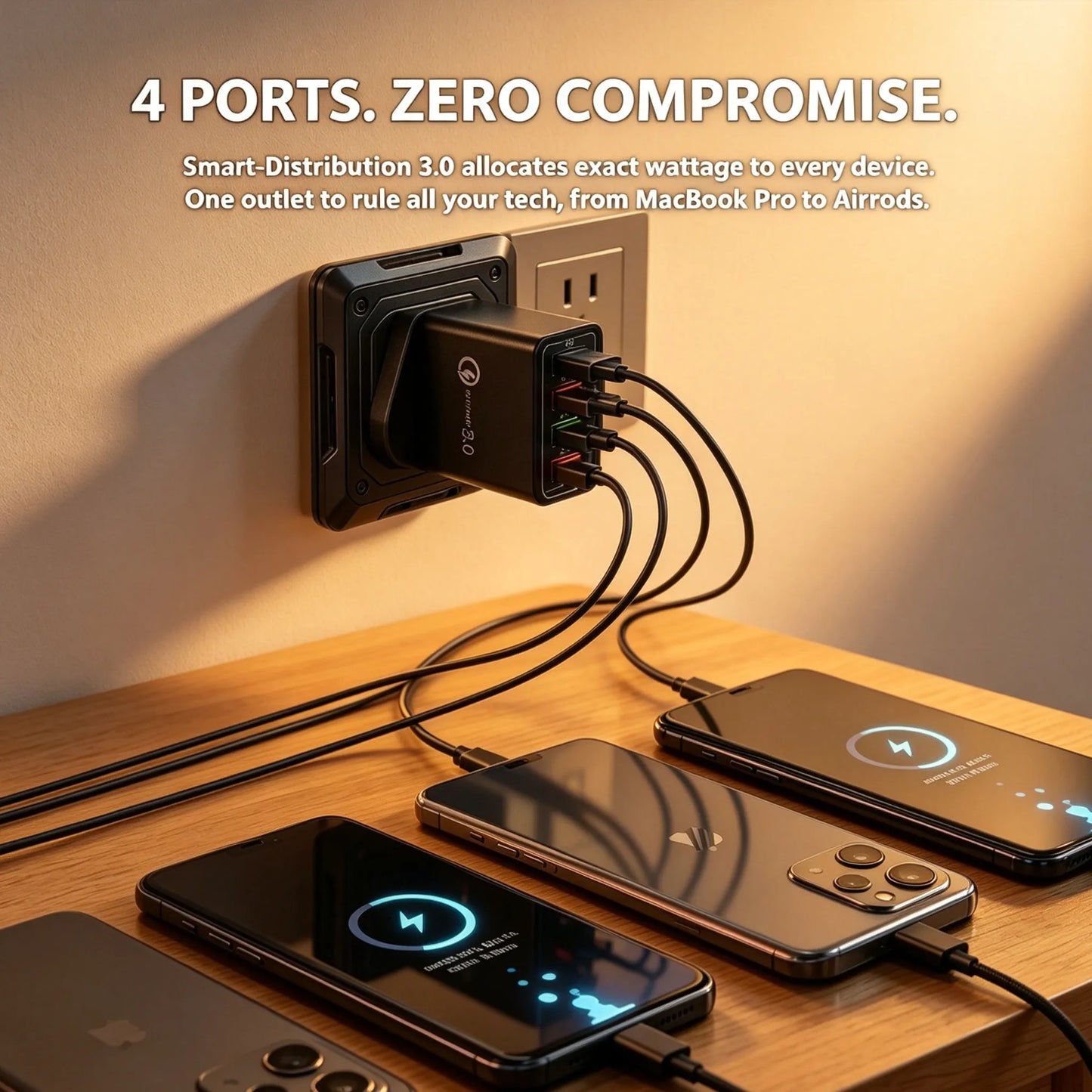 Four-Port Travel Charger for Extended Phone Battery Life