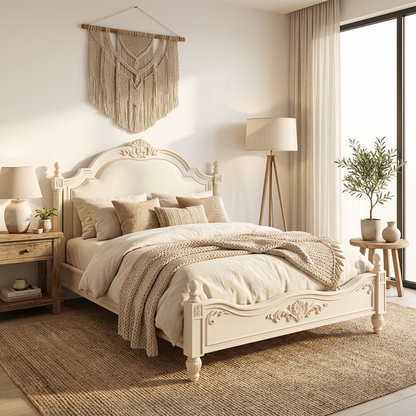 Antique Ivory French-Inspired Bed Frame