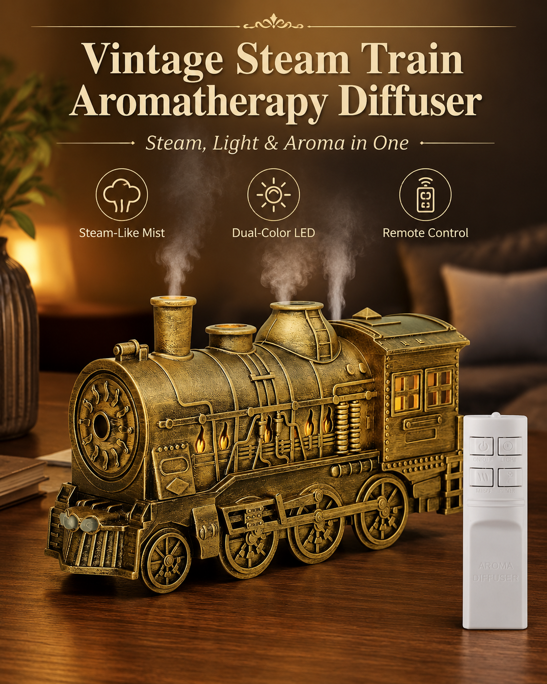 🔥Limited-Time Sale | Vintage Steam Train Humidifier – 300ML Aromatherapy Diffuser with LED Light