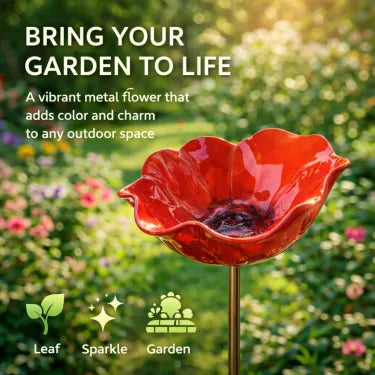 🎁Handcrafted Metal Flower Stake | 3-in-1 Garden Decor, Bird Bath & Pollinator Station🐦