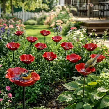 🎁Handcrafted Metal Flower Stake | 3-in-1 Garden Decor, Bird Bath & Pollinator Station🐦