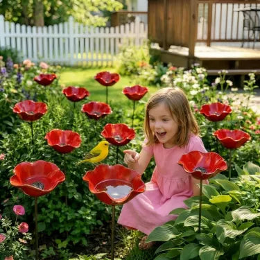 🎁Handcrafted Metal Flower Stake | 3-in-1 Garden Decor, Bird Bath & Pollinator Station🐦