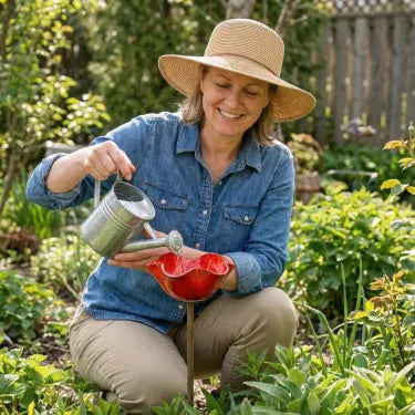 🎁Handcrafted Metal Flower Stake | 3-in-1 Garden Decor, Bird Bath & Pollinator Station🐦