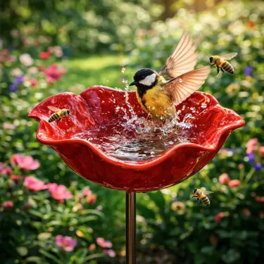 🎁Handcrafted Metal Flower Stake | 3-in-1 Garden Decor, Bird Bath & Pollinator Station🐦