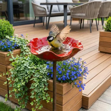🎁Handcrafted Metal Flower Stake | 3-in-1 Garden Decor, Bird Bath & Pollinator Station🐦