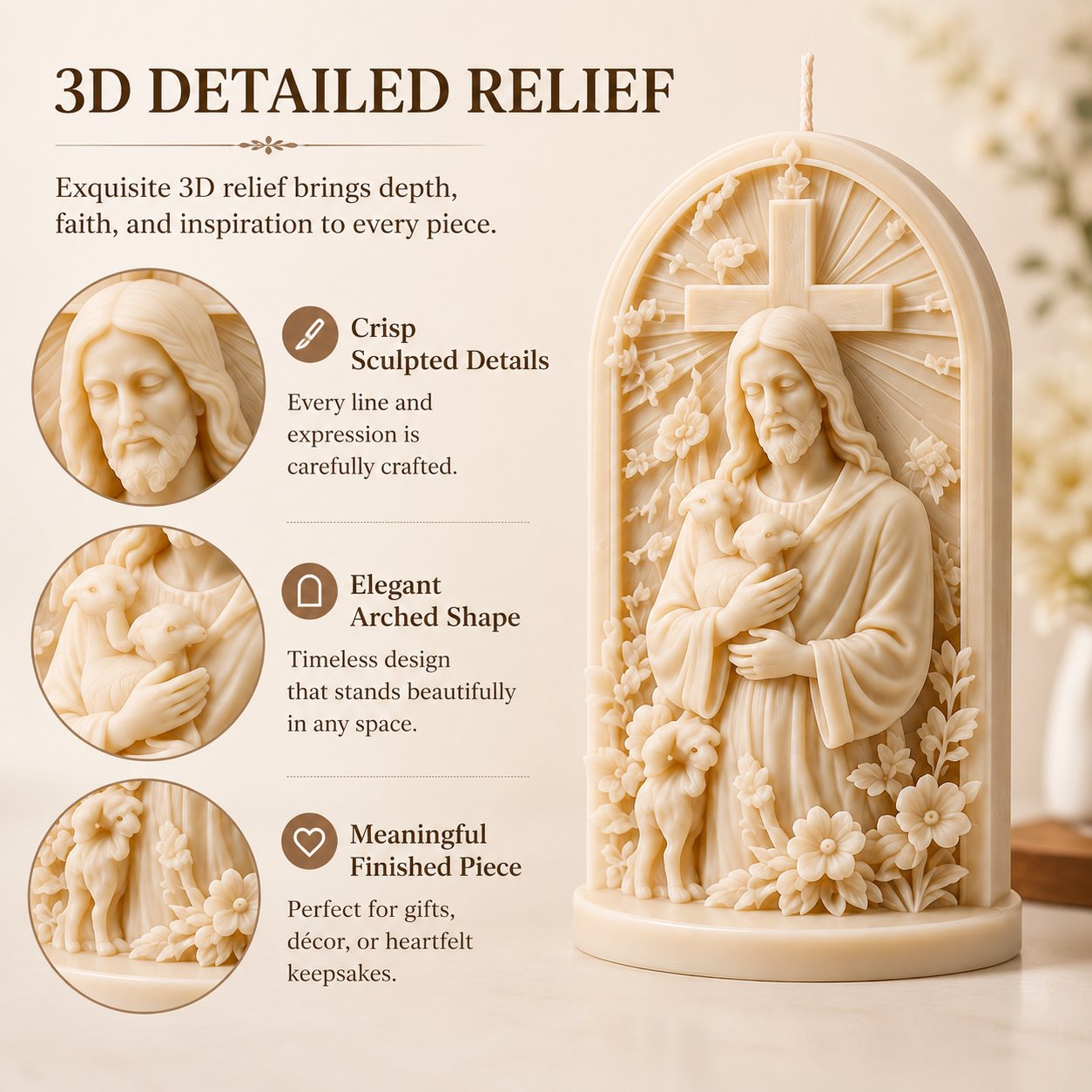 ⏳ Last Day 49% OFF – ✝️ 2-Piece Good Shepherd Jesus 3D Candle Mold Set | Sculpted Cross. Lamb & Floral Relief for Faith-Inspired Handmade Candles 🕯️✨