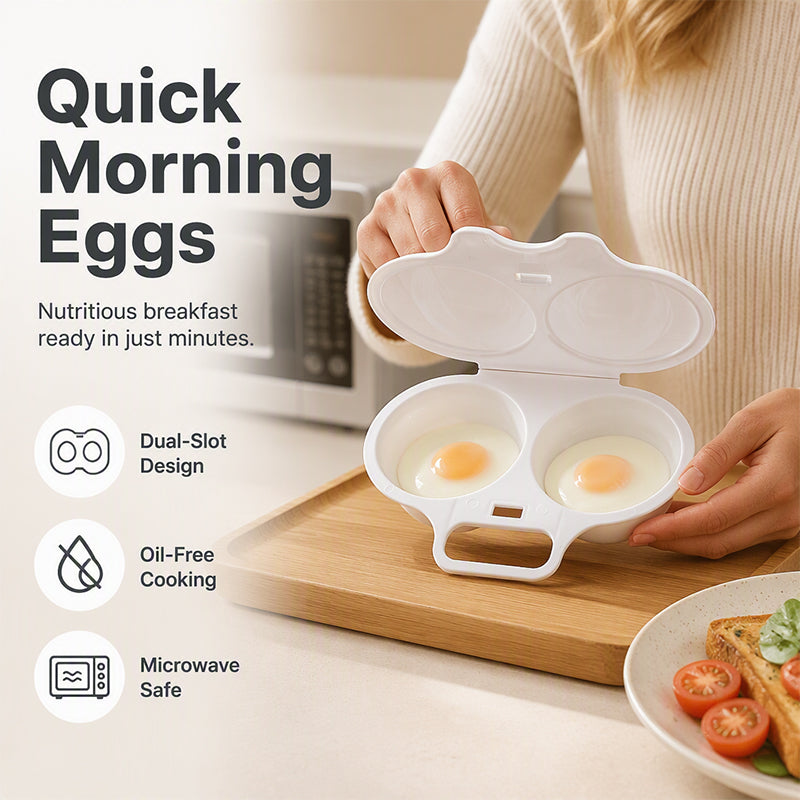 🍳 BUY 1 GET 1 FREE! ✨ Dual Cavity Microwave Egg Poacher – Quick Oil-Free Cooking. Food-Grade PP & Versatile Kitchen Essential 💫